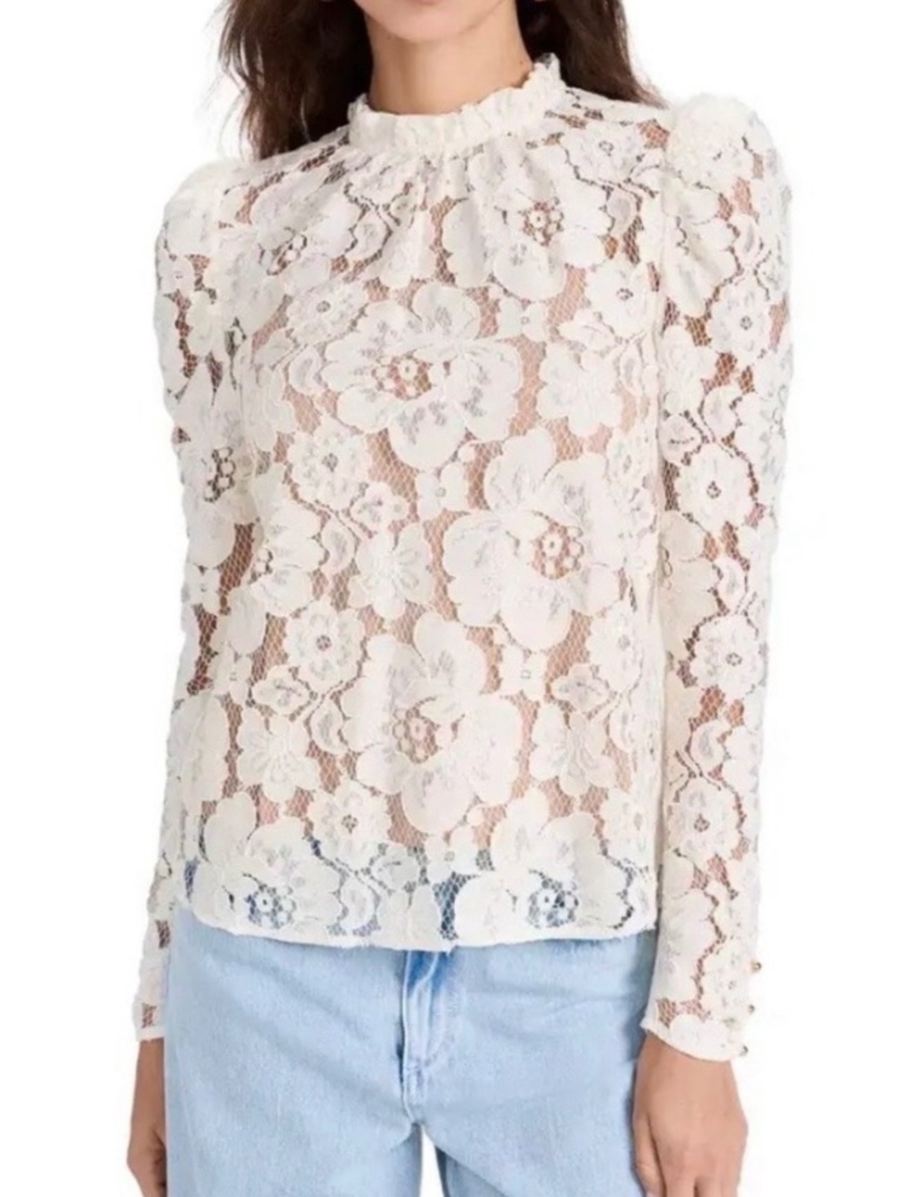 WAYF Emma Puff Sleeve Lace Long Sleeve Feminine Blouse Top Ivory Size M
